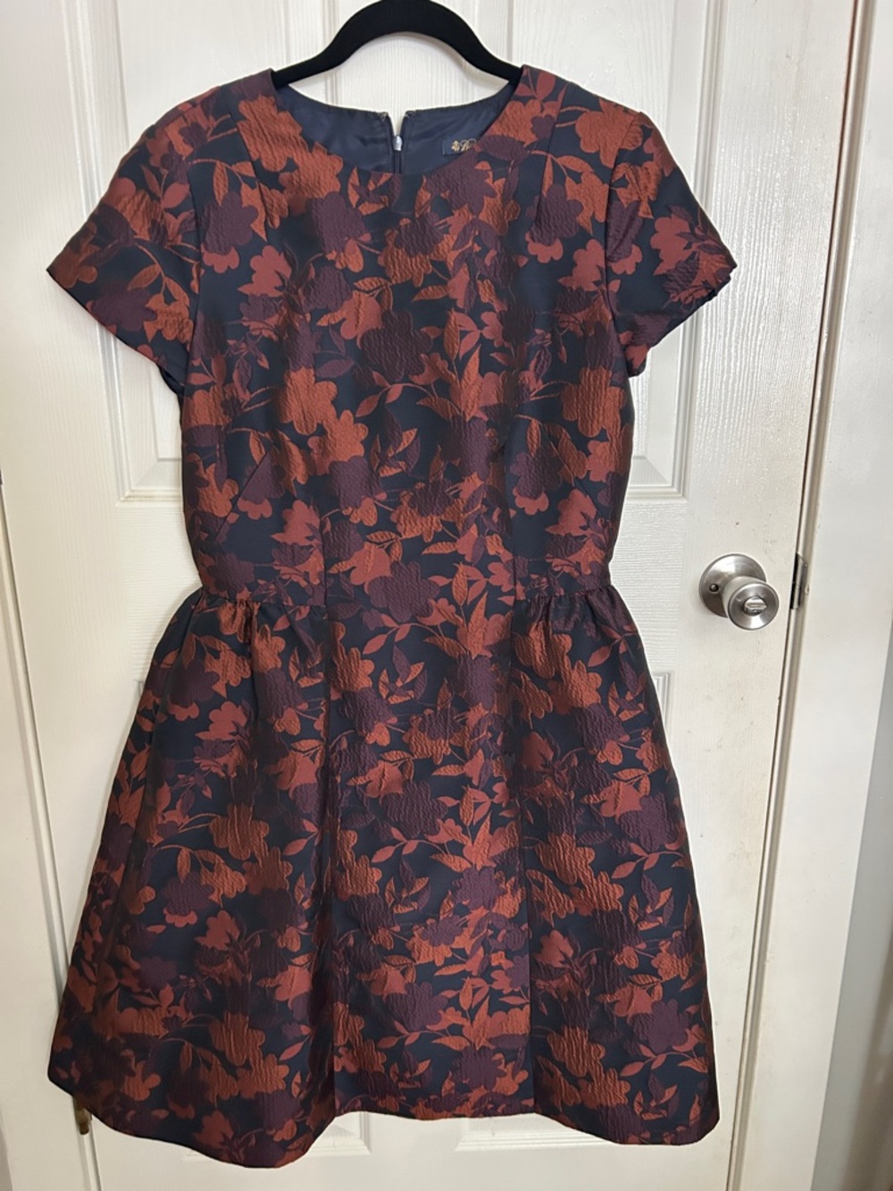 Brooks Brothers Navy Dress with Rust and Plum Floral Jacquard